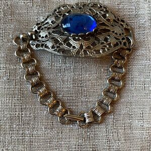 Art Deco Silver Filigree Blue glass Cabochon book chain Bracelet